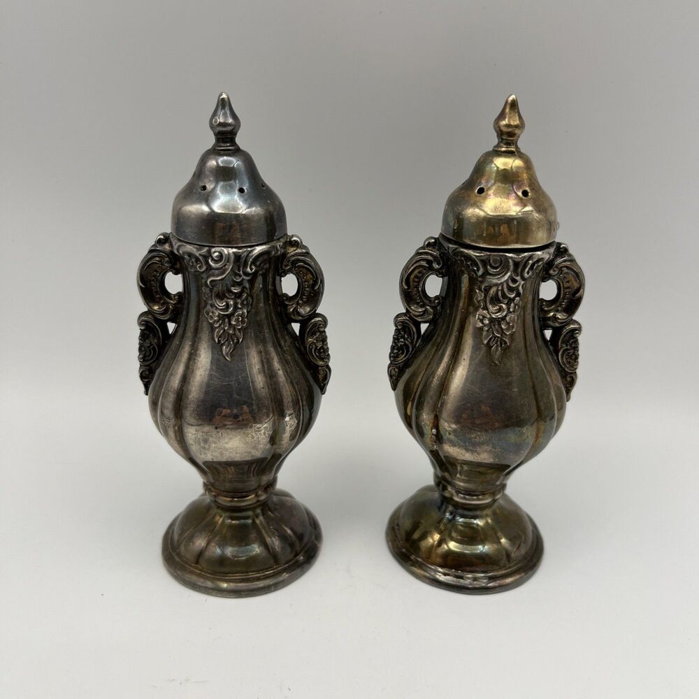 1940s Vtg Wallace Baroque Silverplated Salt & Pepper Shakers MCM Ornate Set Of 2
